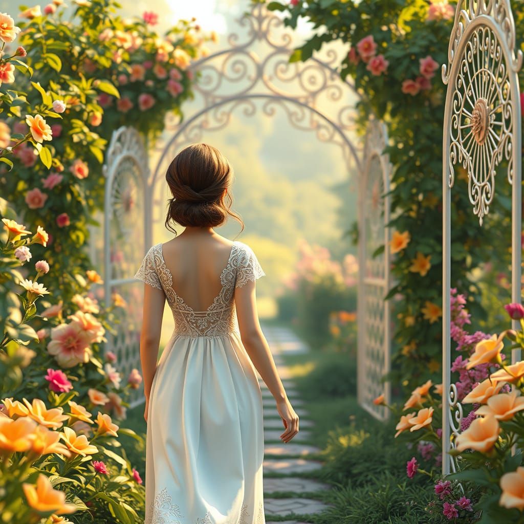 Serene Garden Stroll in Dreamy, Whimsical Style
