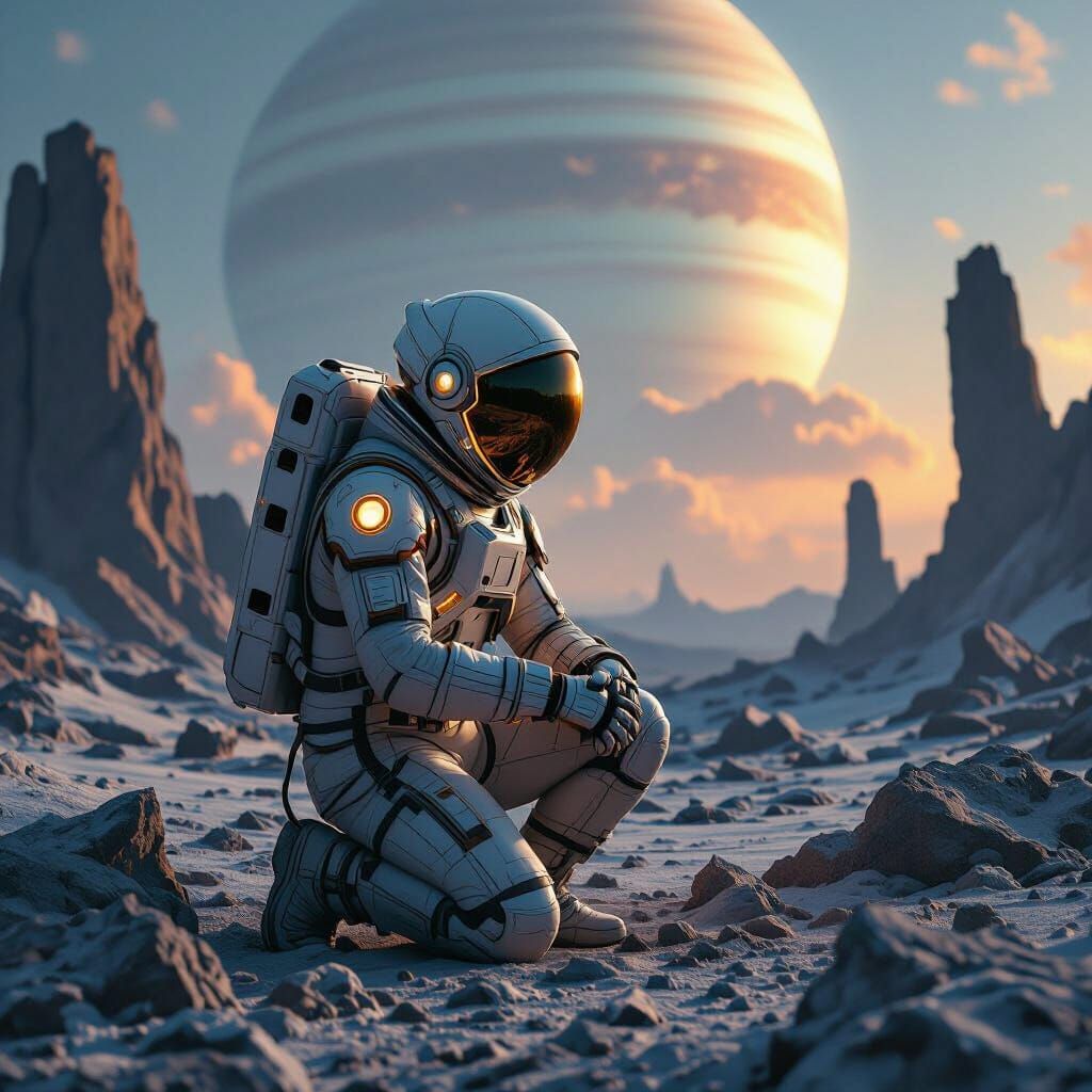 Astronaut on IO with Jupiter, Cinematic Sci-Fi Art