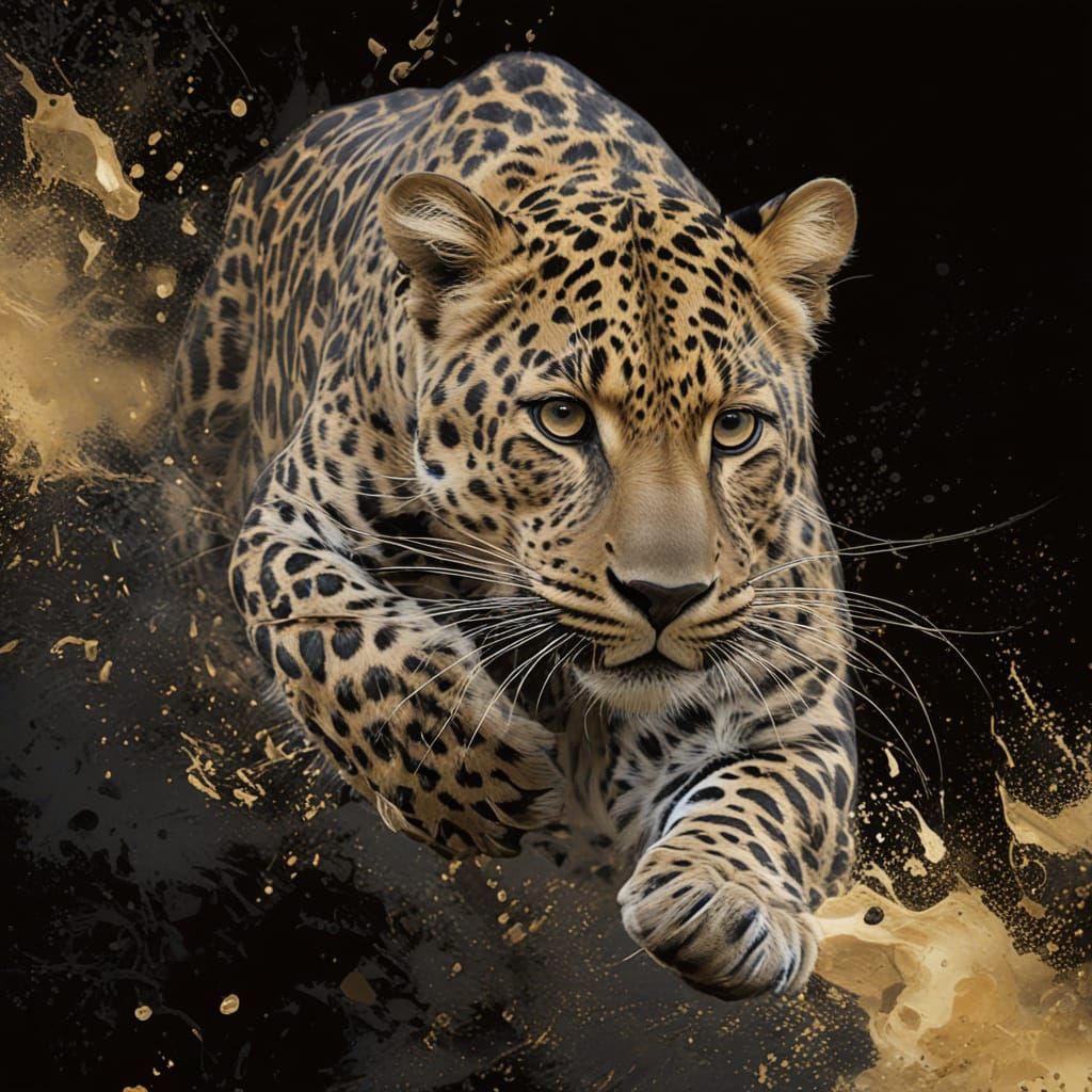 Leaping Leopard Portrait in Hyper-Realistic Vivid Style