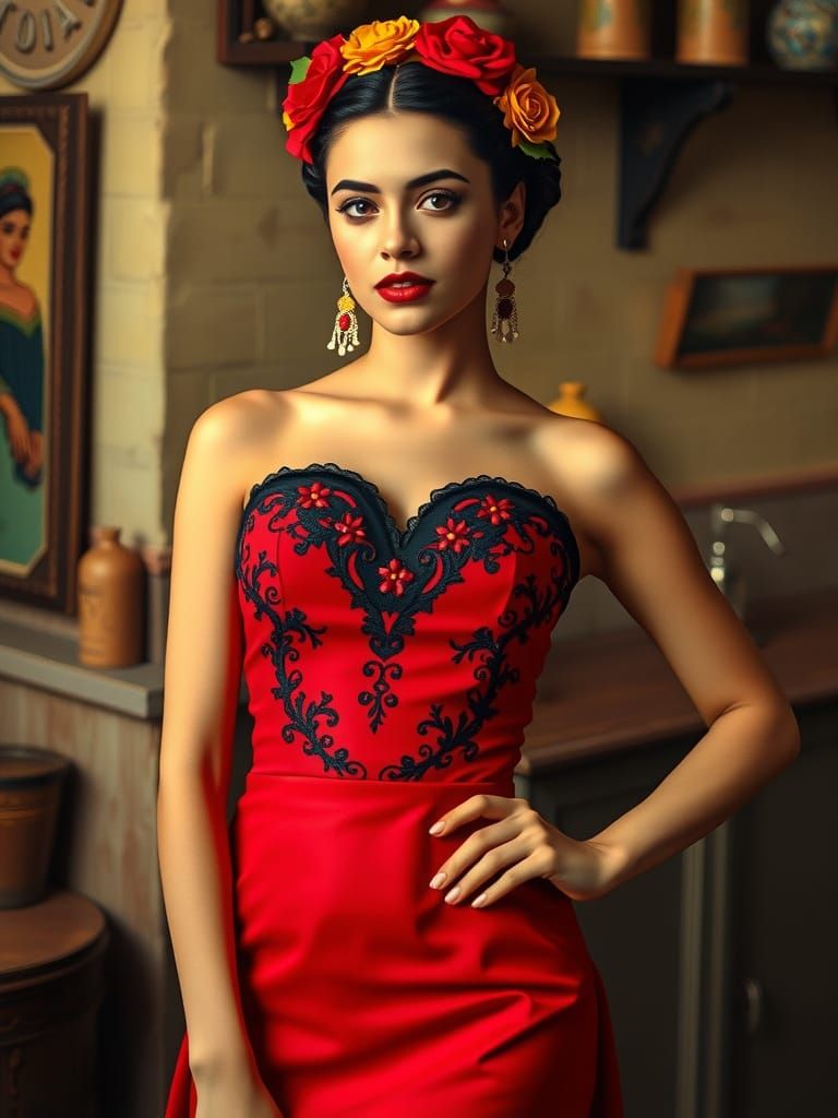 Mexican Woman in Red Dress, Vintage Style