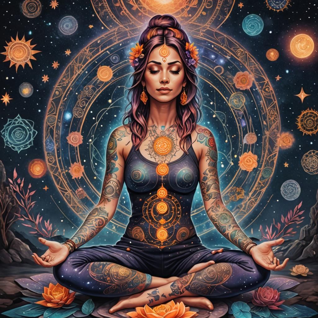 Tatted yoga girl aligning her chakras under the stars