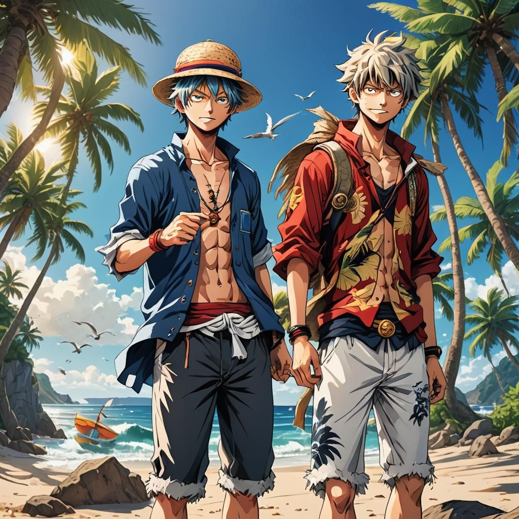 Anime Illustration of Two Characters on a Brazilian Beach