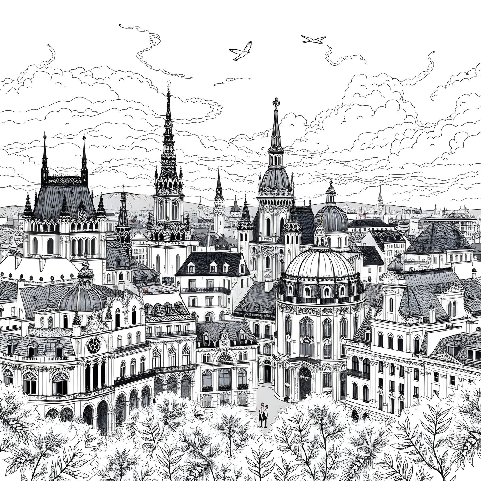 Detailed Doodle Drawing of Vienna in Black and White