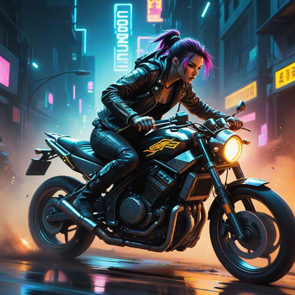 Cyberpunk Motorcycle Rider in Graphic Novel Style