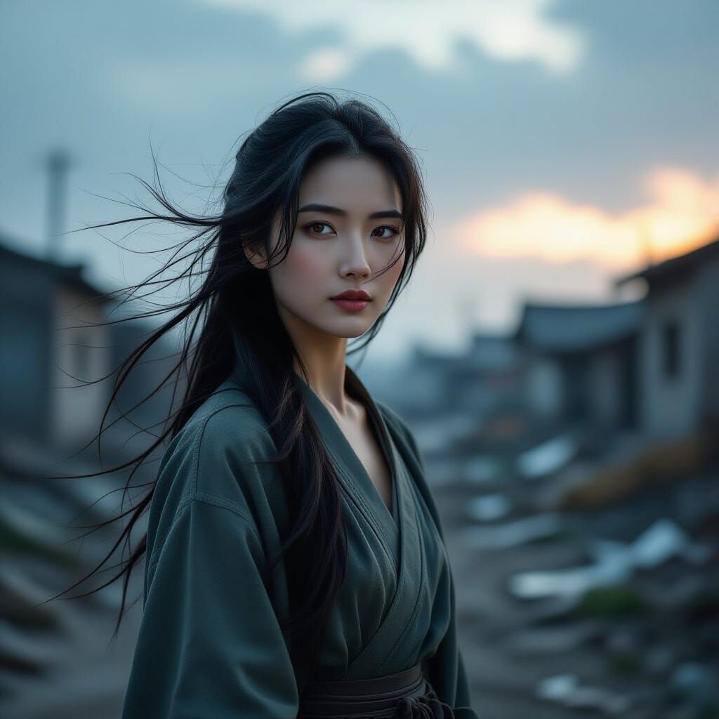 Elegant Chinese Woman in Ruined Landscape - Photorealistic C...