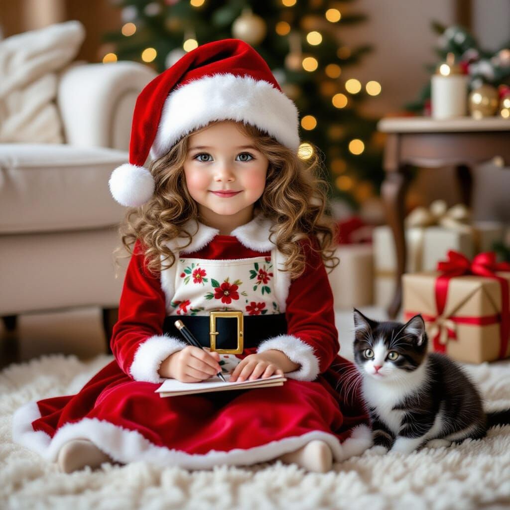 Girl Writing Letter to Santa with Kitten