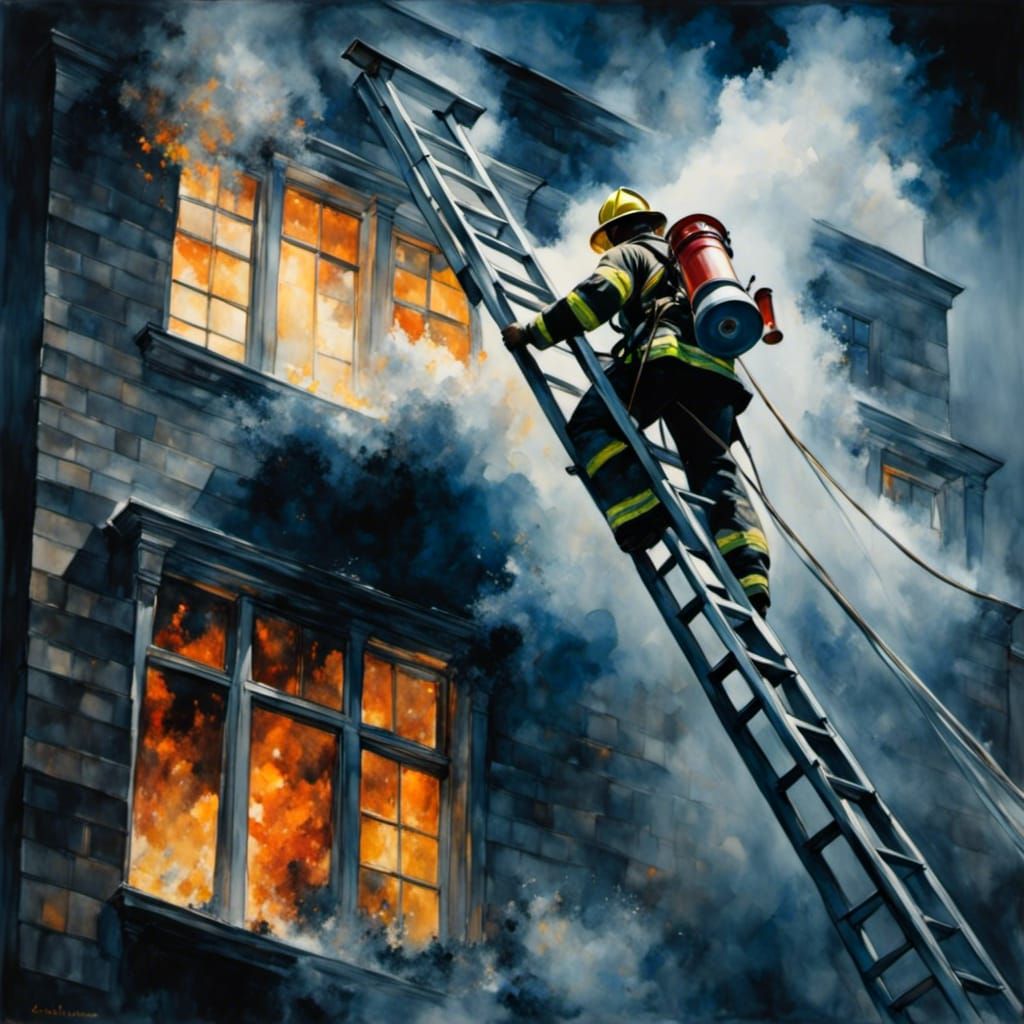 Firefighter Scales Ladder Amidst Burning Building
