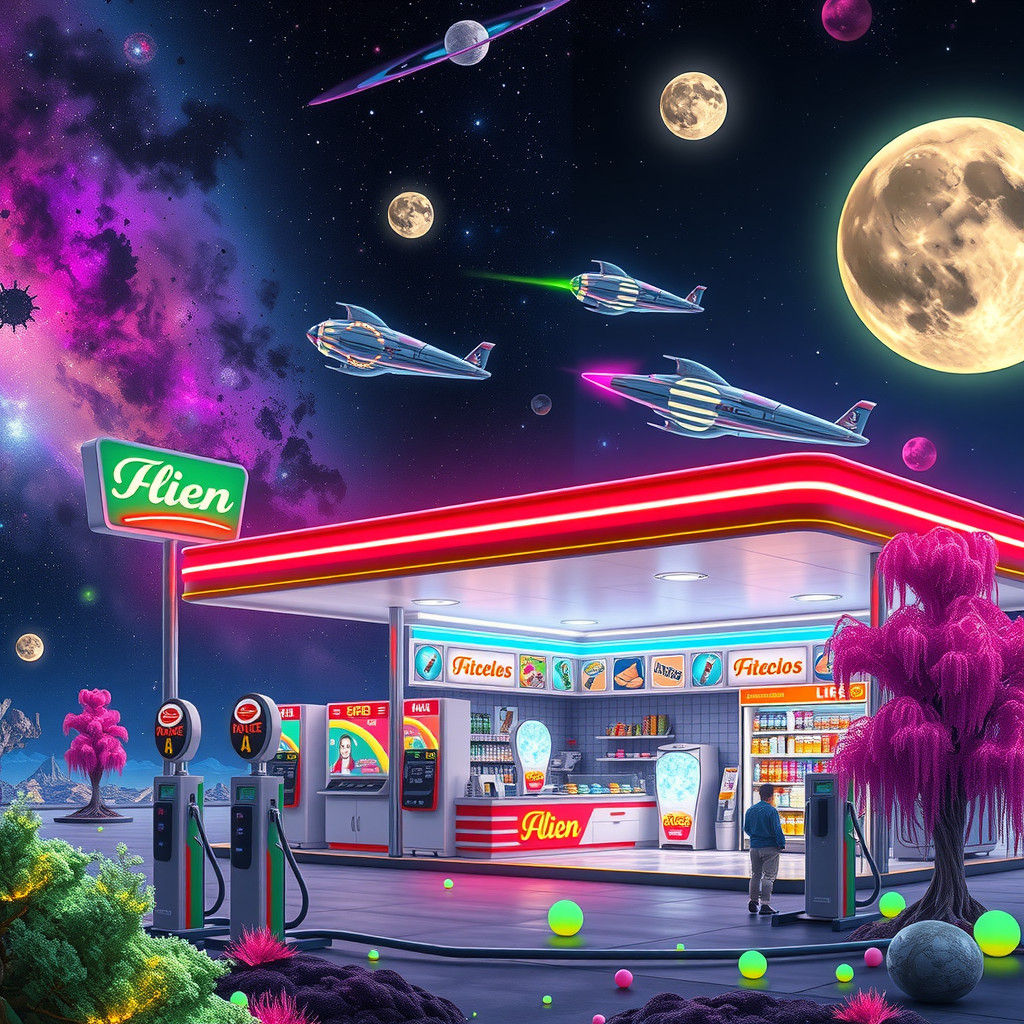 Vibrant Alien Gas Station in a Neon Galaxy