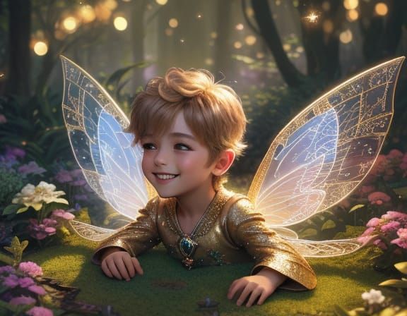 Whimsical Fairy Garden with Smiling Child in Golden Hour