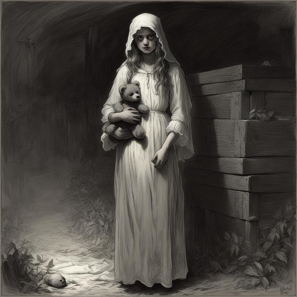Eerie Ghostly Girl with Teddy Bear