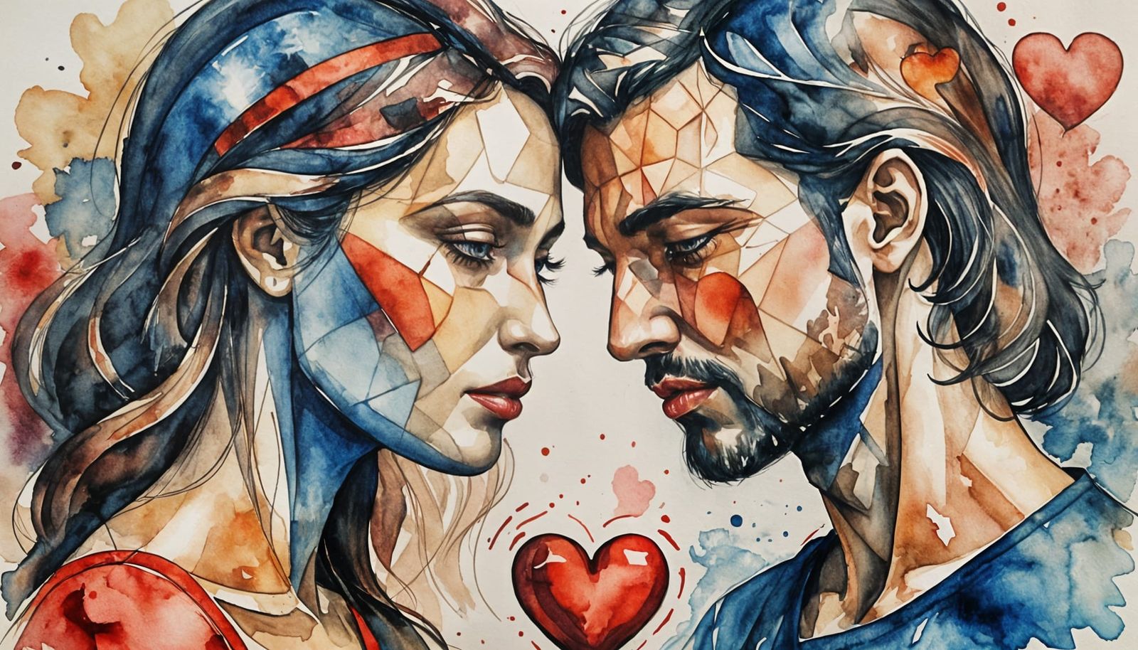 Romantic Heart: Cubist Watercolor of a Couple
