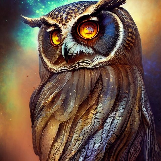 Detailed Owl with Fractal Iridescence in Dark Colors