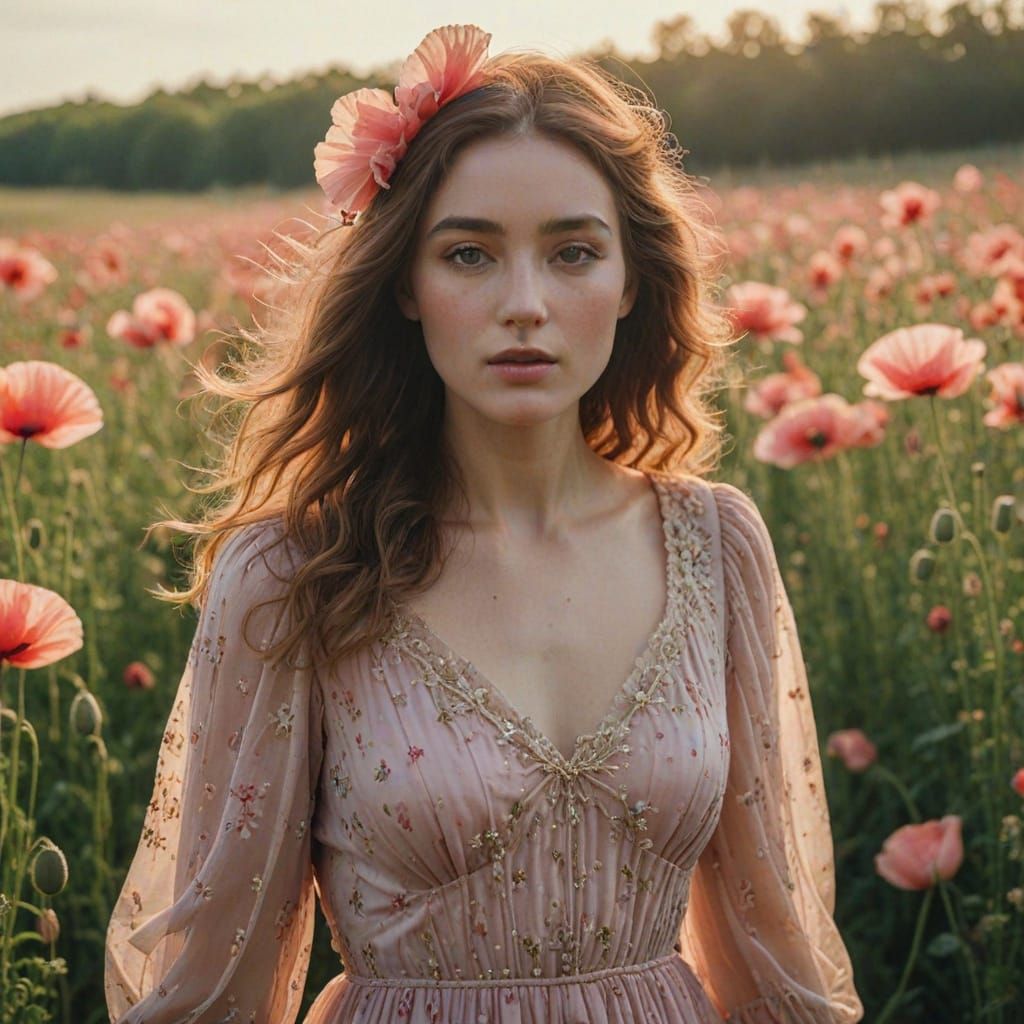 Ethereal Pre-Raphaelite Beauty Amidst Pink Poppies in Soft M...