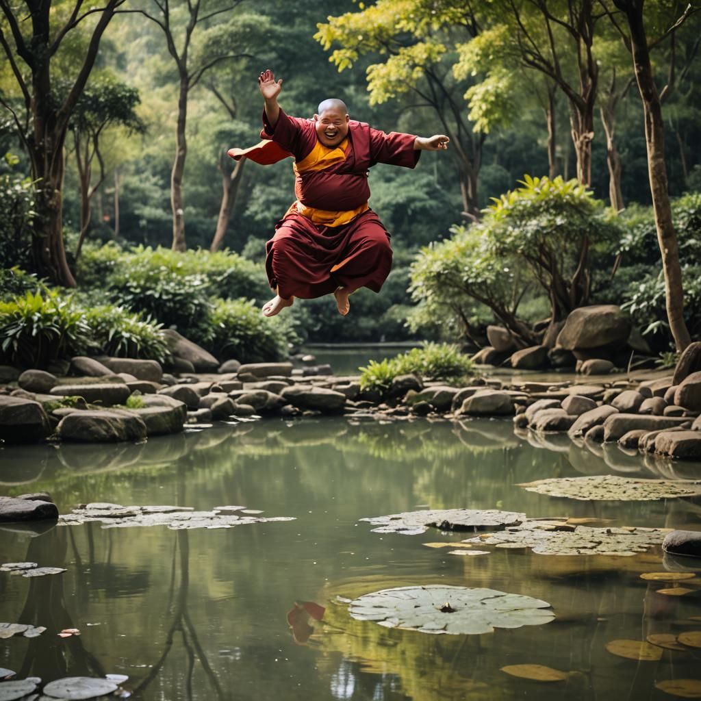 Joyful Himalayan Monk Jumping into Pond
