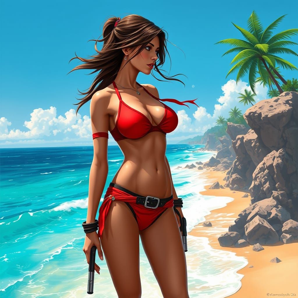 Lara Croft in a Futuristic Beach Scene