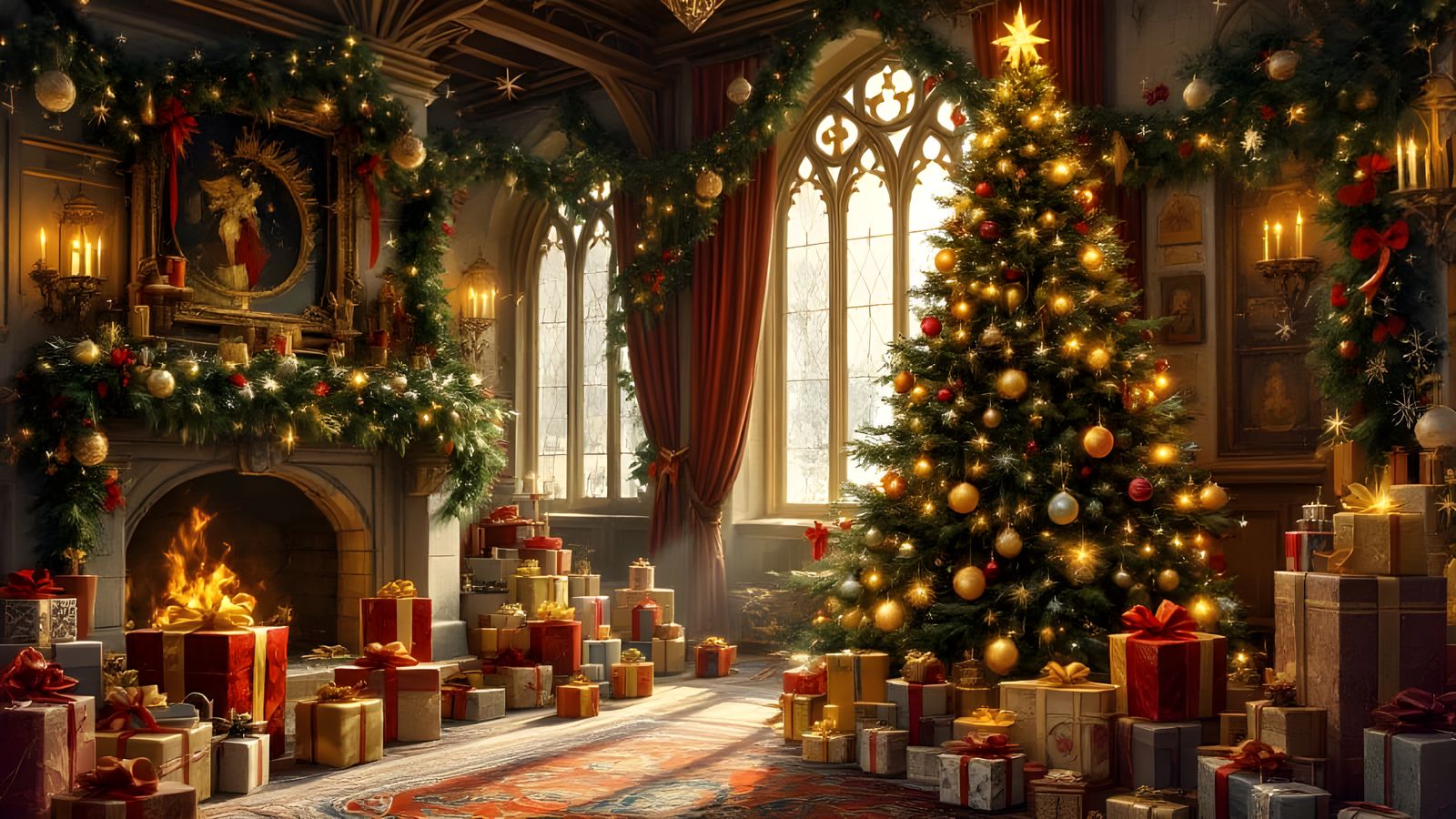 Medieval Christmas Fantasy Scene with Majestic Tree and Whim...