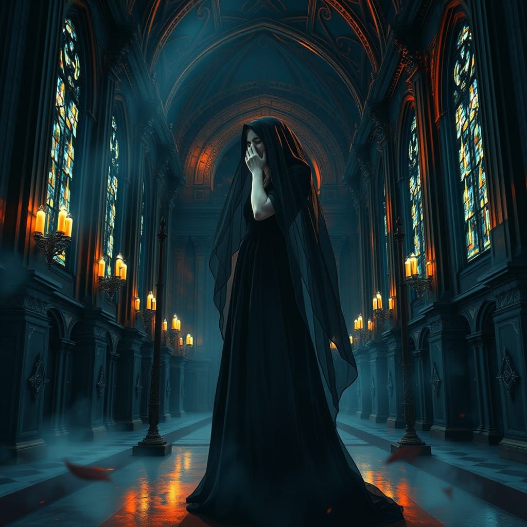 Sorrowful Woman in a Watercolor Church Scene