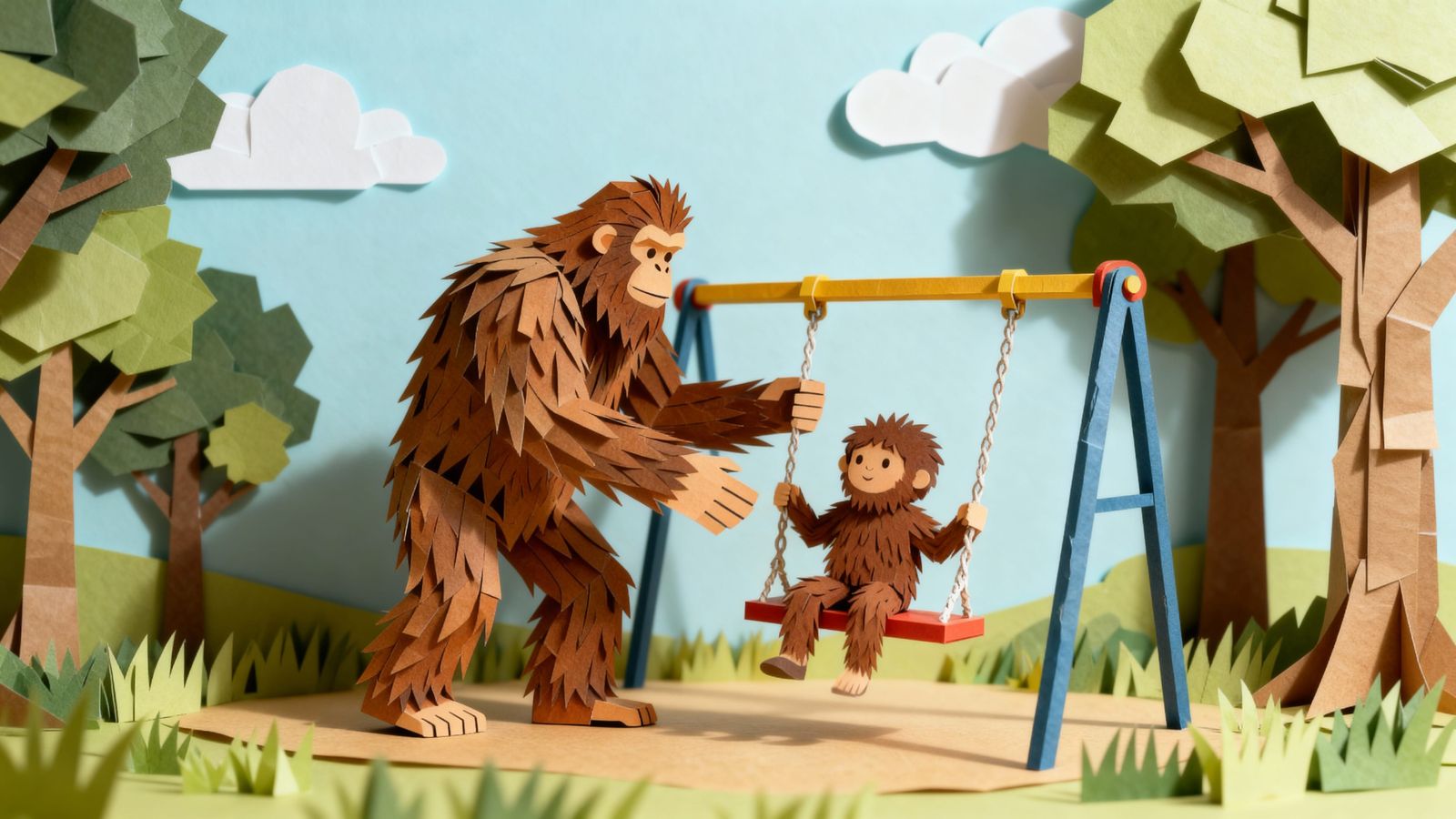 Heartwarming Paper Craft of Sasquatch and Son at Playground