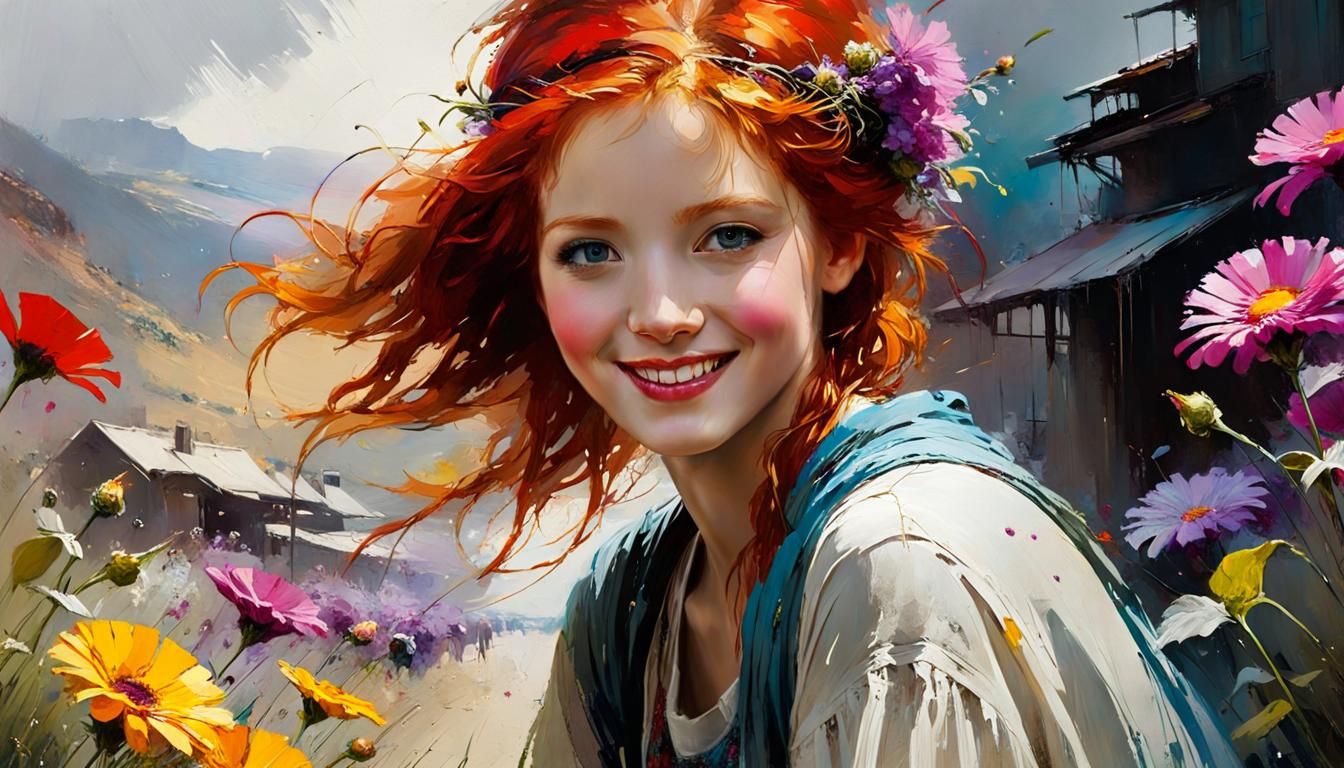 Redhead in Floral Fantasy: A Hyperrealistic Portrait