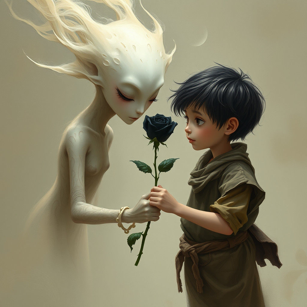 Ethereal Being Offers Black Rose: Surreal Art