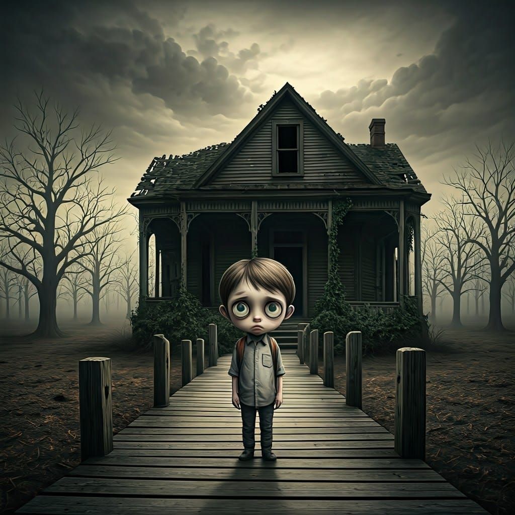 Gothic Figure Stands Before a Dilapidated Victorian House in...