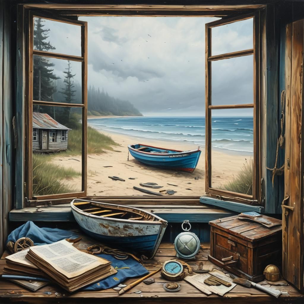 Nautical Cabin Interior with Beach View, Oil Painting