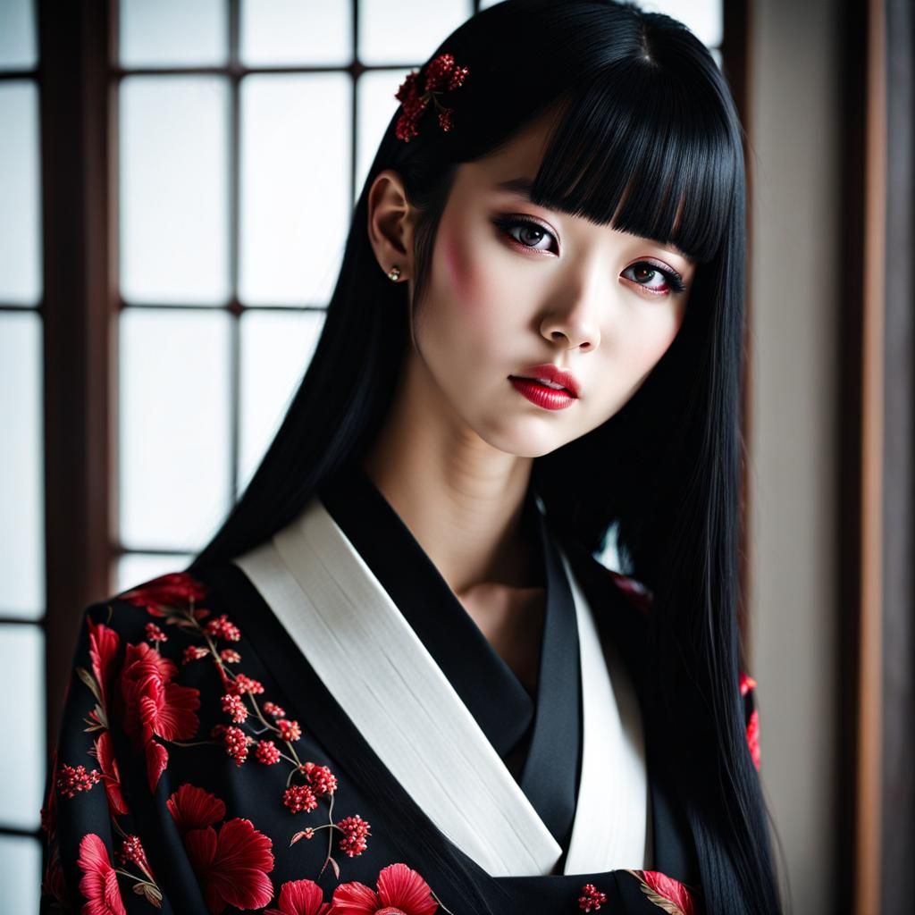Portrait of Elina Devia cute innocent japanese girl, black red, long black hair, pretty clothes, modern, stunning featur...