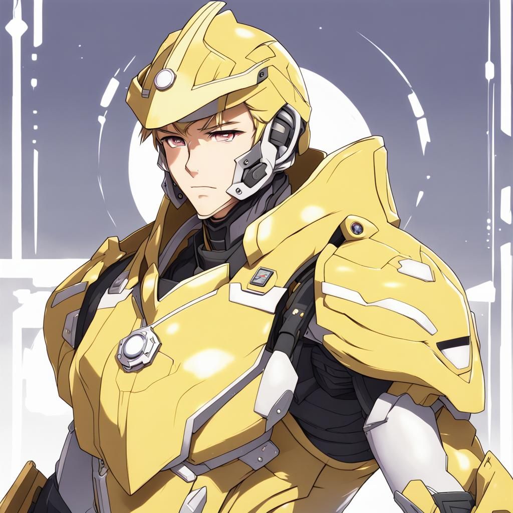 Anime Soldier in Yellow Sci-Fi Armor with Sun Logo