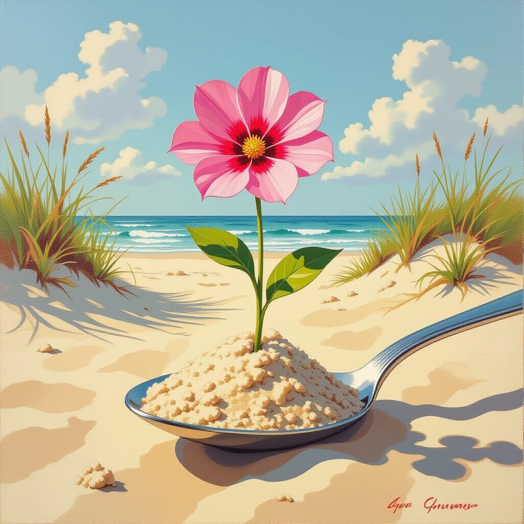 Pink Flower Emerges from Sand Mound on Spoon