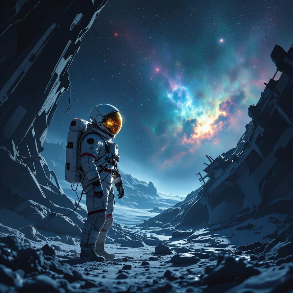 Astronaut and Alien Shipwreck in Starry Void