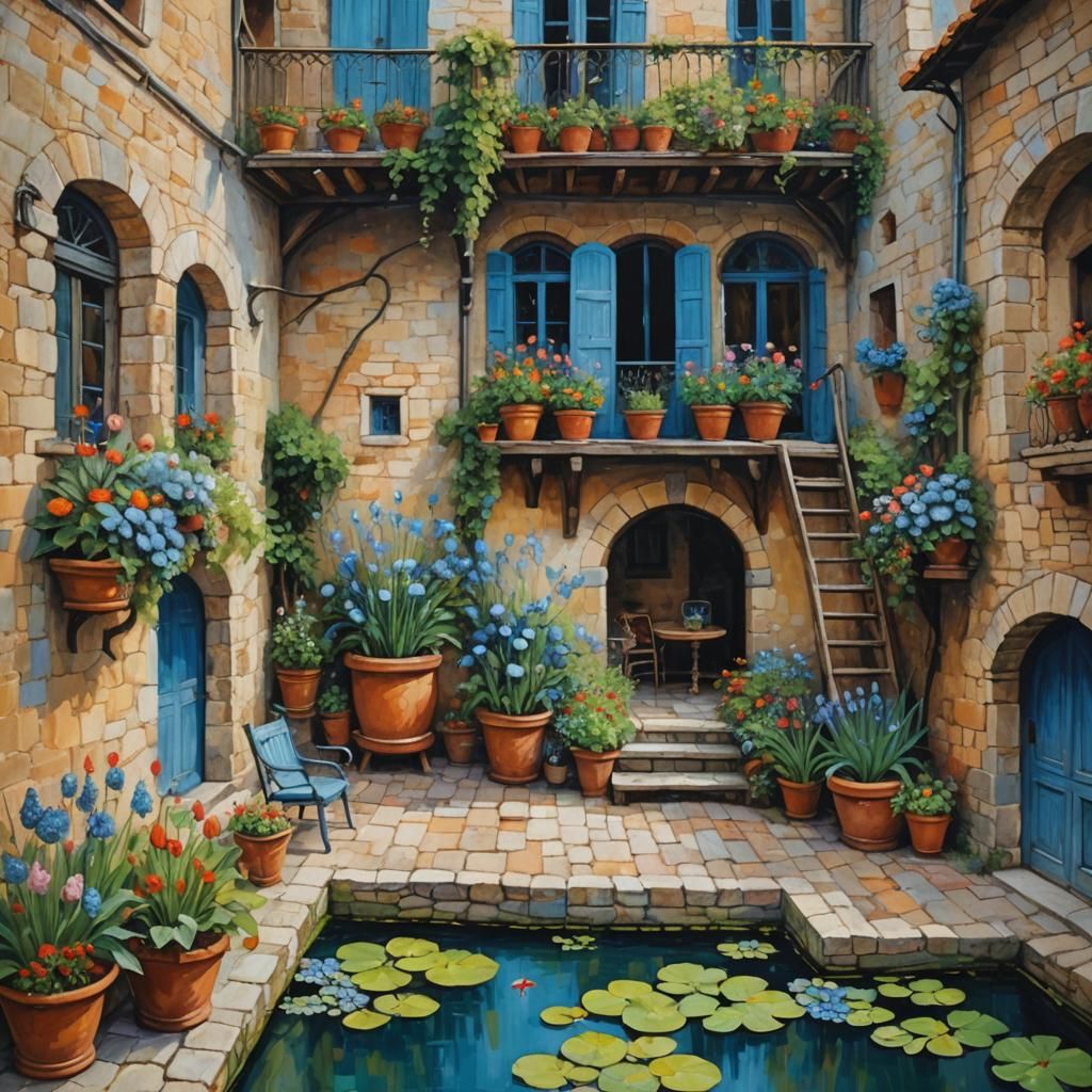 Medieval Home Garden with Blue Flowers: Impasto Painting