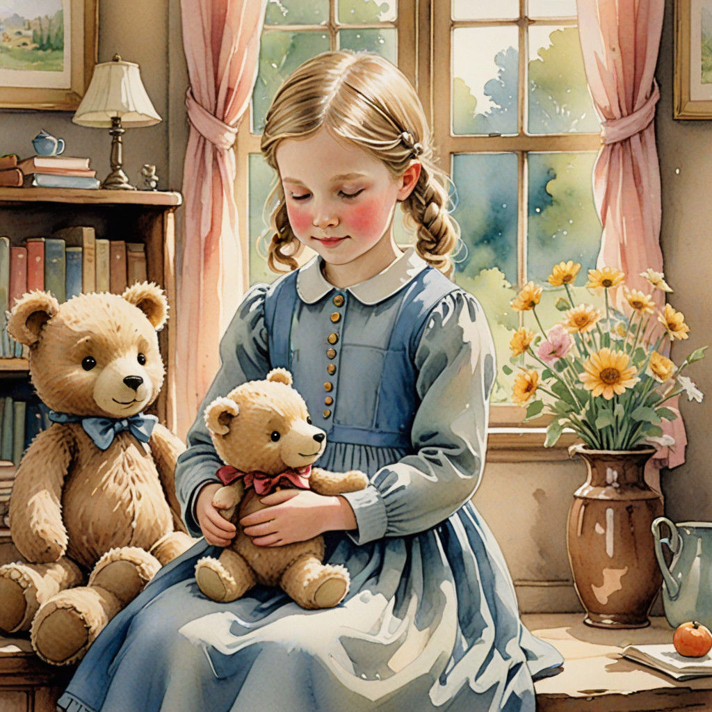 Sweet Girl in Whimsical Pastel Dress Hugs Teddy Bear