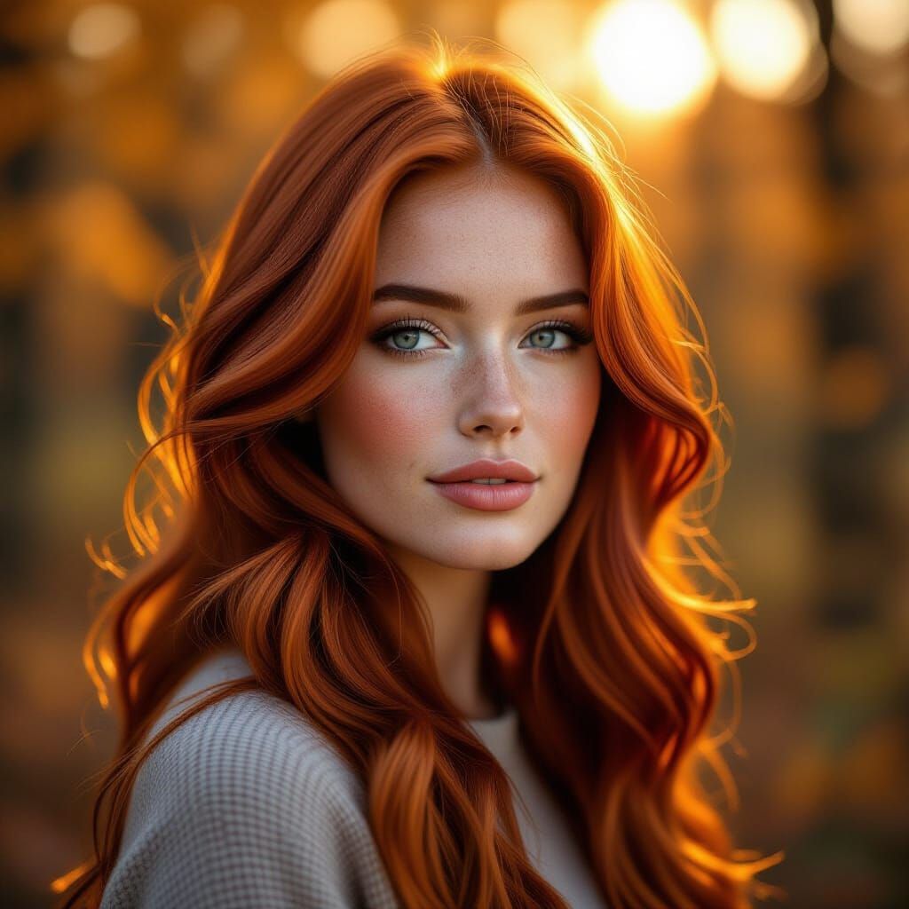 Photorealistic Woman with Fiery Red Hair in Autumn Forest