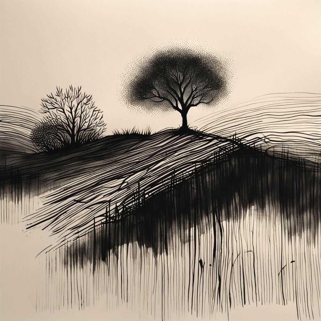 Lone Tree in Minimalist Ink Drawing
