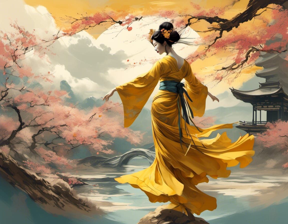 Geisha Dance in Flower Meadow, Art Nouveau Style