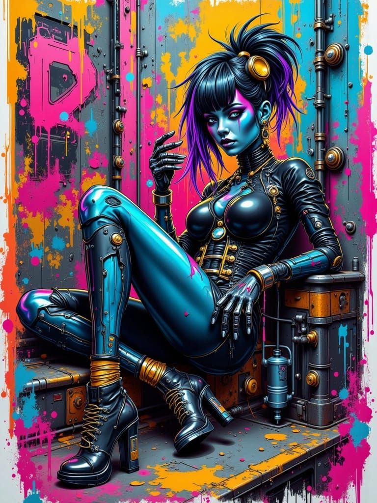 Cyberpunk Girl with Biomechanical Limbs and Graffiti Backgro...