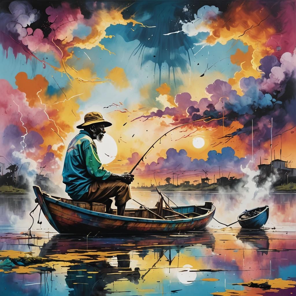Colorful Street Art: Old Man Fishing on Lake
