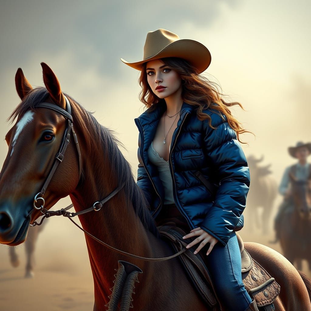 Dramatic Woman in Cowboy Gear Chases Cows on Horseback in Vi...