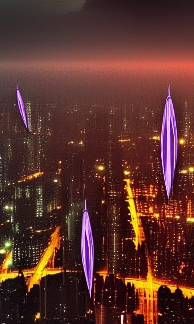 Cyberpunk Hippy Blimp Over Rainy Megacity