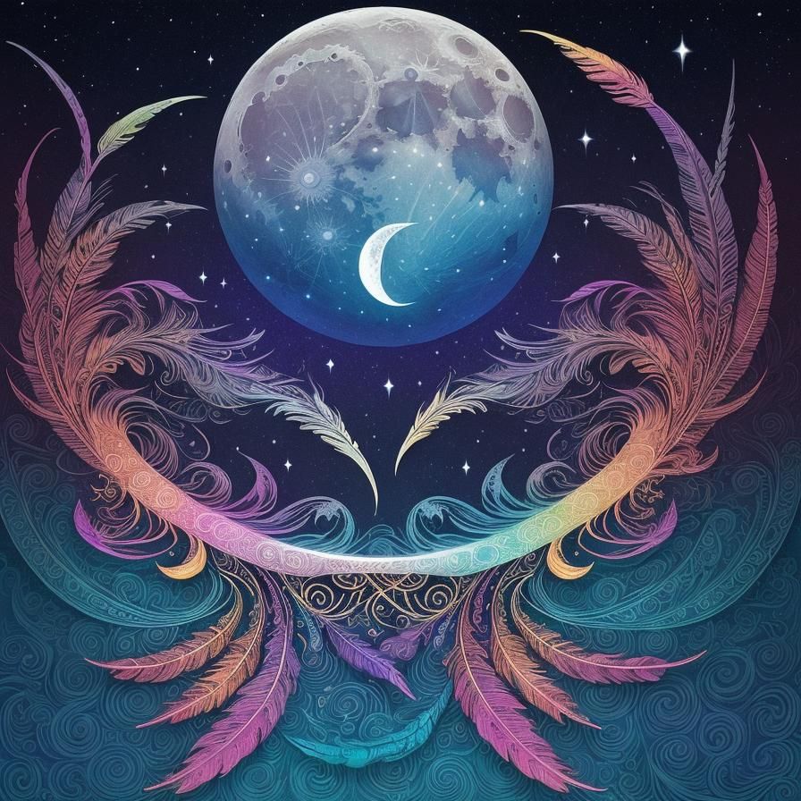 Ornate Moon with Rainbow Feathers: Digital Art