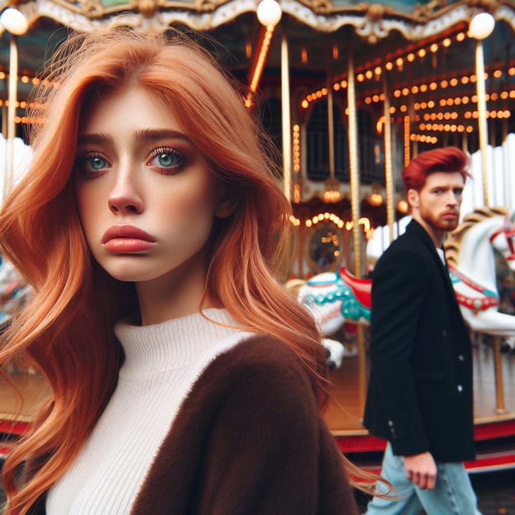 Sorrowful Girl and Red-Haired Man by Carousel