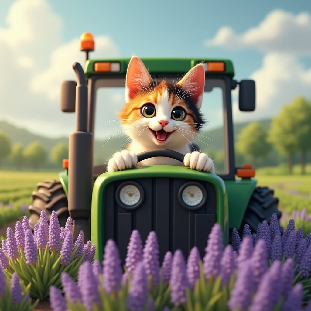 Calico Cat Harvests Catnip Field on Tractor