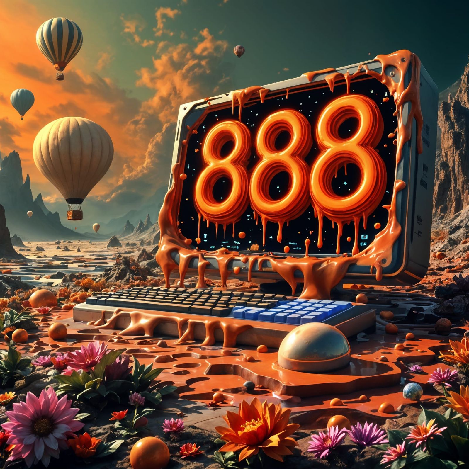 Surreal Melting Landscape with Glowing Computer Monitor