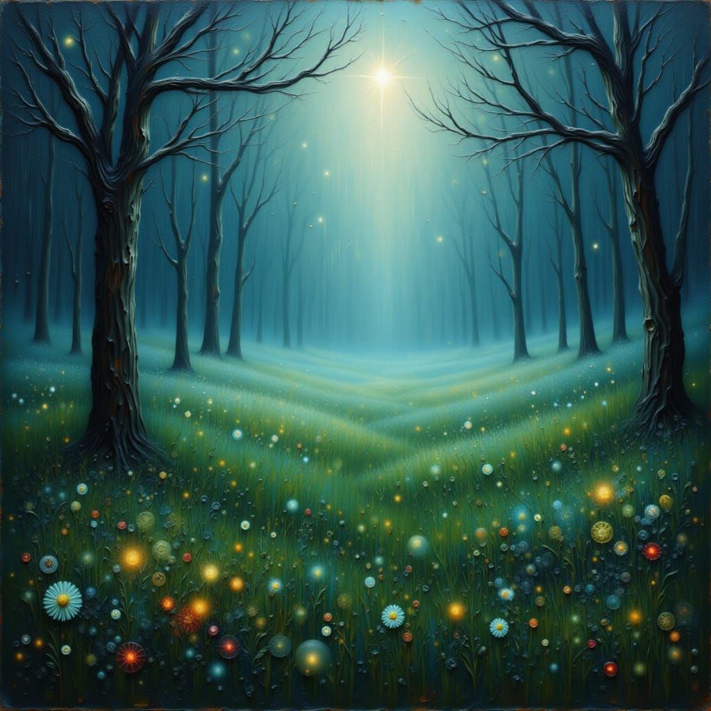 Tranquil Meadow with Soft Rain and Bioluminescent Flora