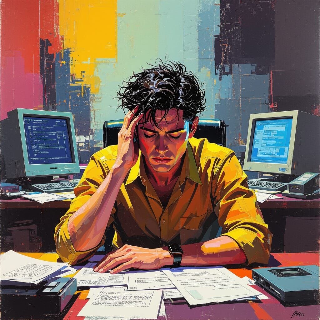 Overwhelmed Worker in Futuristic Workspace