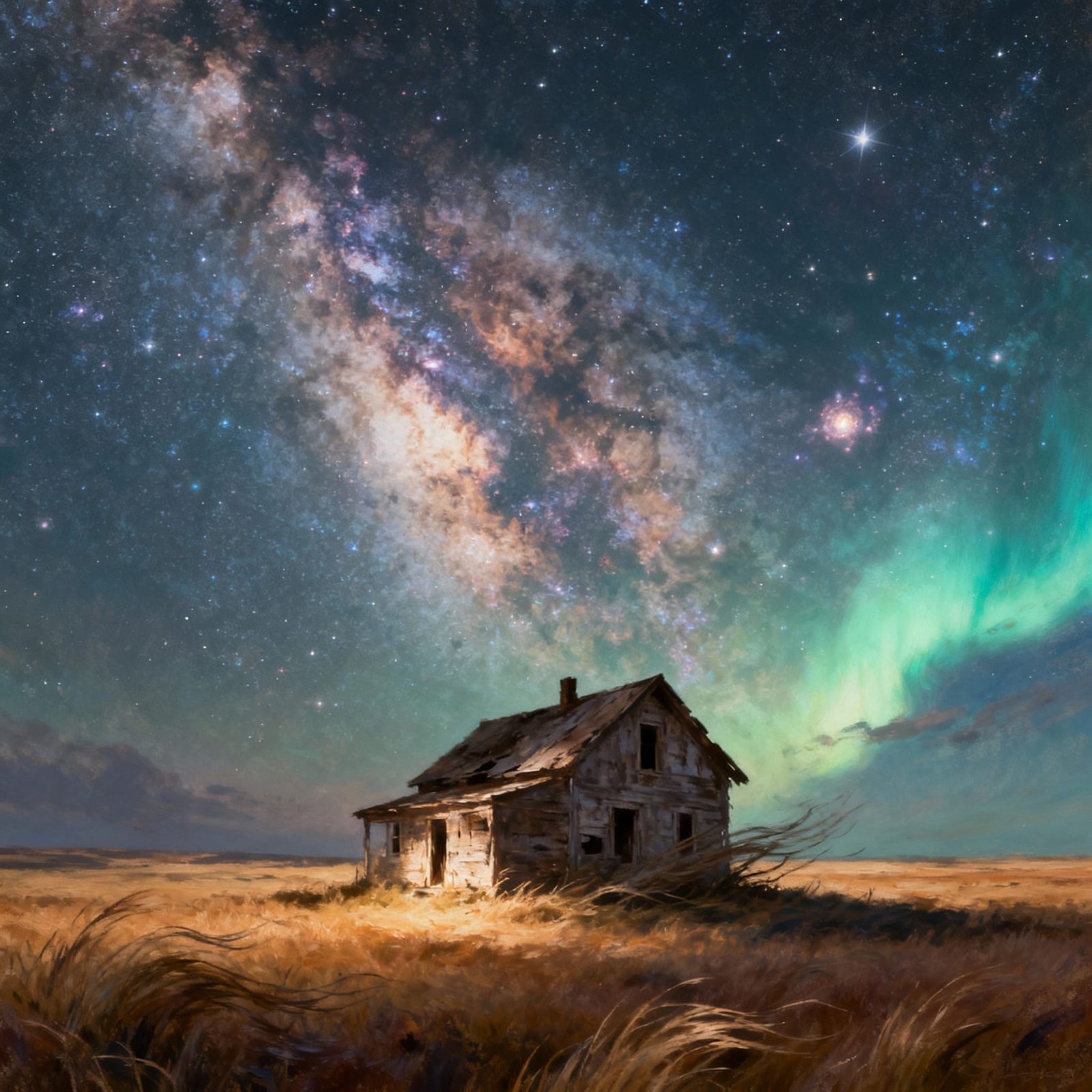 Dilapidated House Under Celestial Sky Landscape Painting