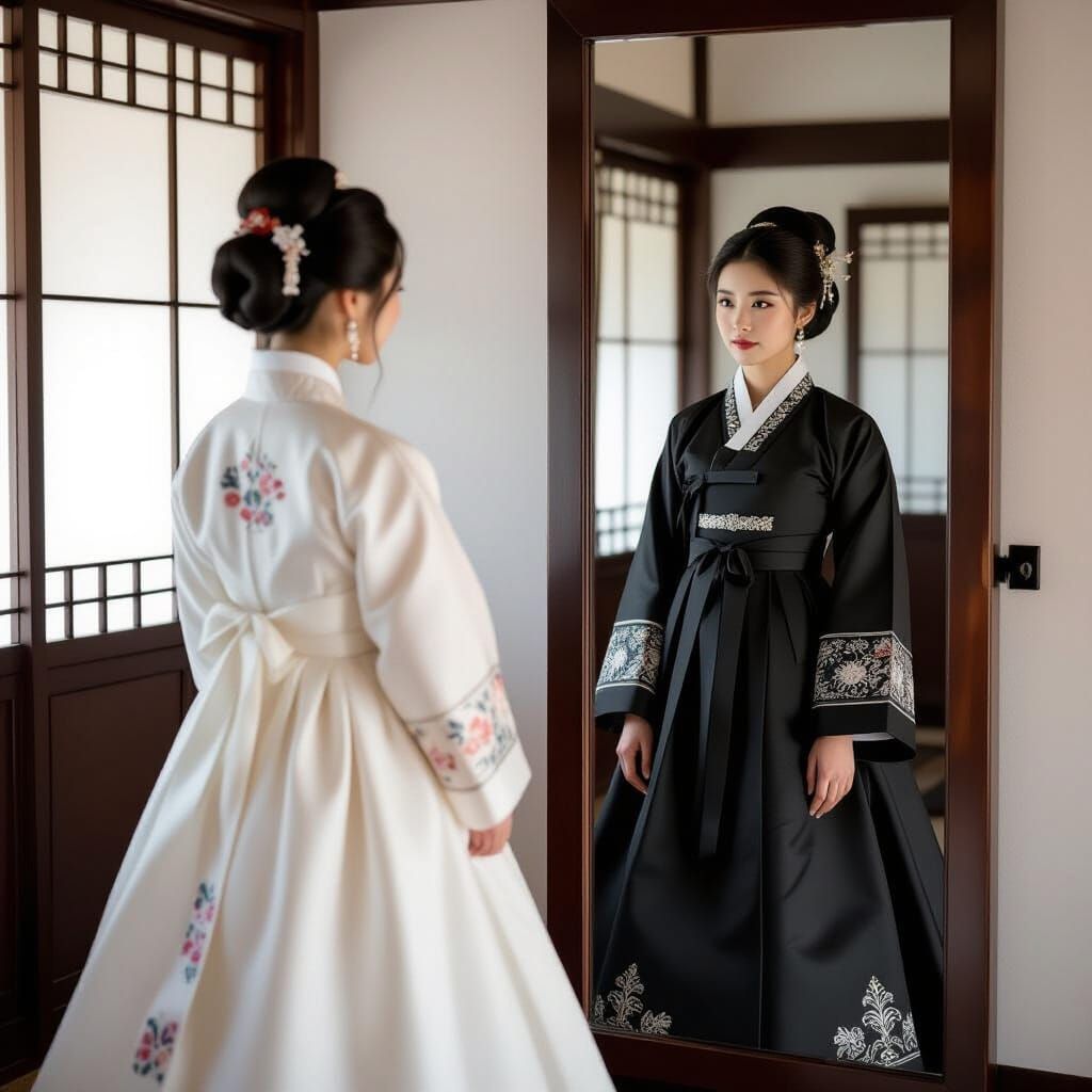 Korean Woman in White Hanbok Sees Black Hanbok Reflection