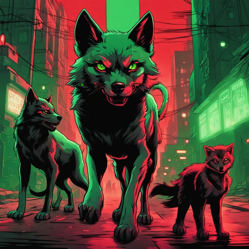 Kitten Versus Wolves in Cyberpunk Cityscape