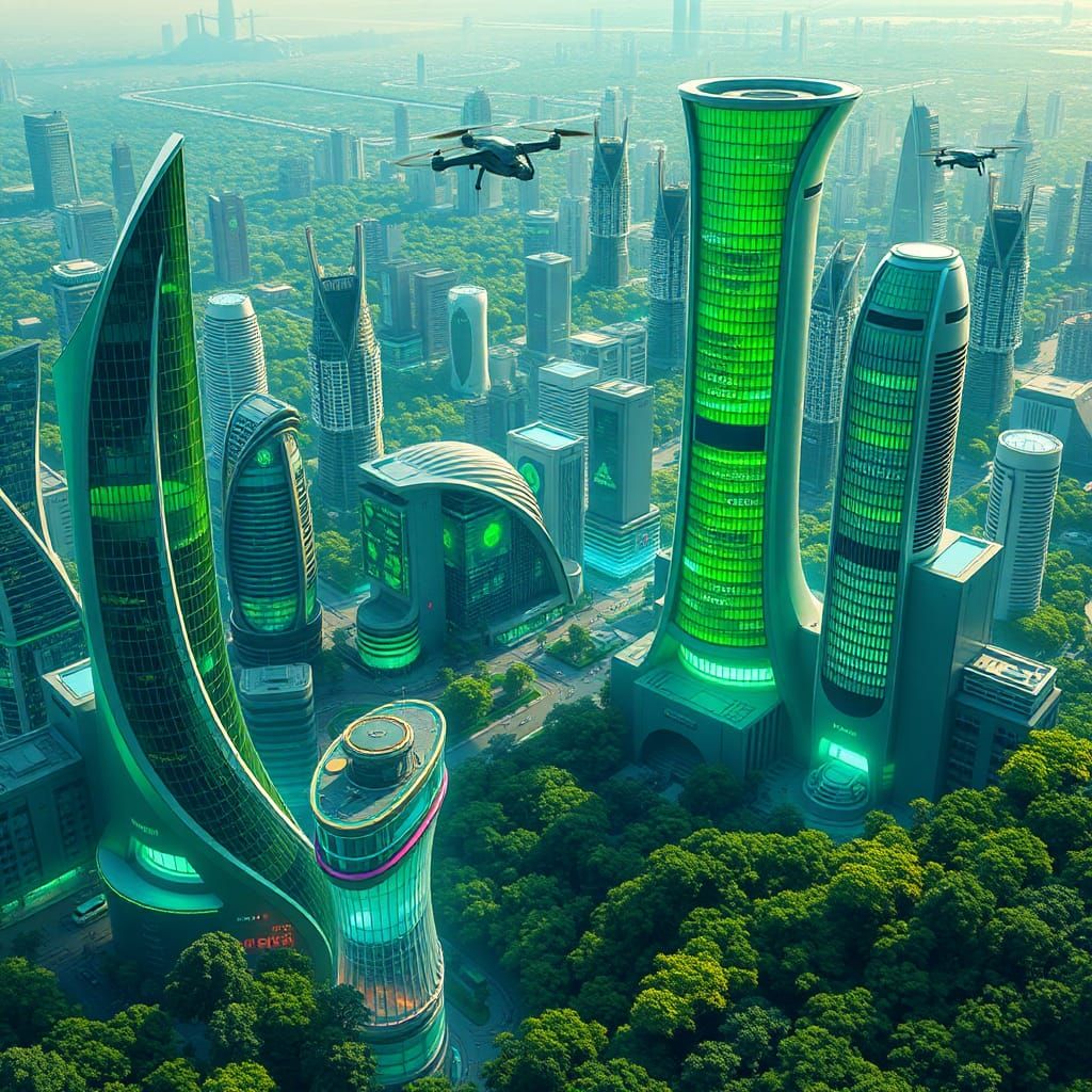 Futuristic Green Metropolis Inspired by Syd Mead