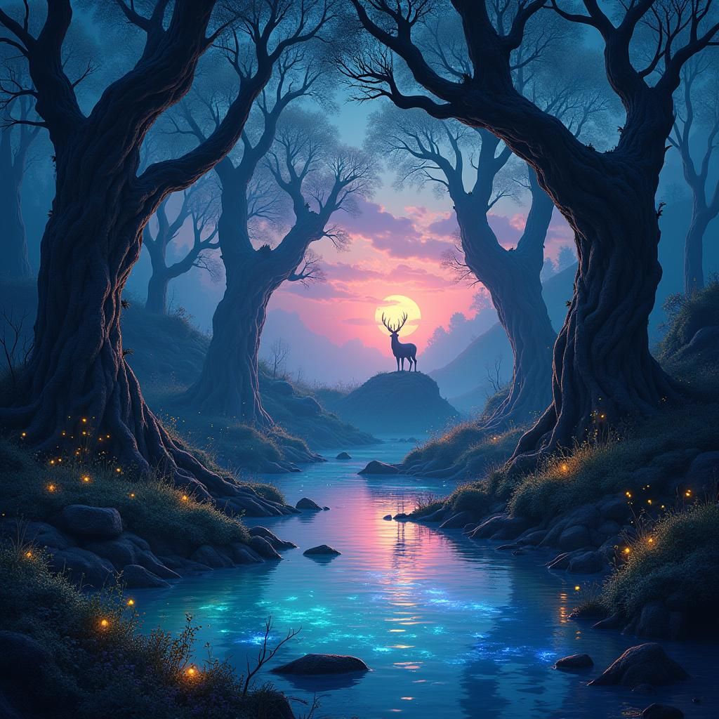 Enchanted Forest at Twilight with Bioluminescent Moss